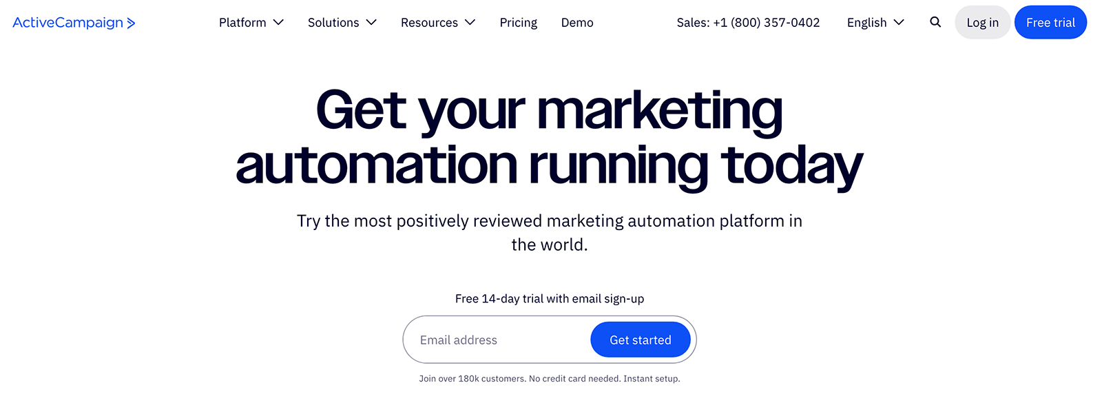 ActiveCampaign's Free Trial Guarantee landing page with a headline that reads "Get your marketing automation running today."