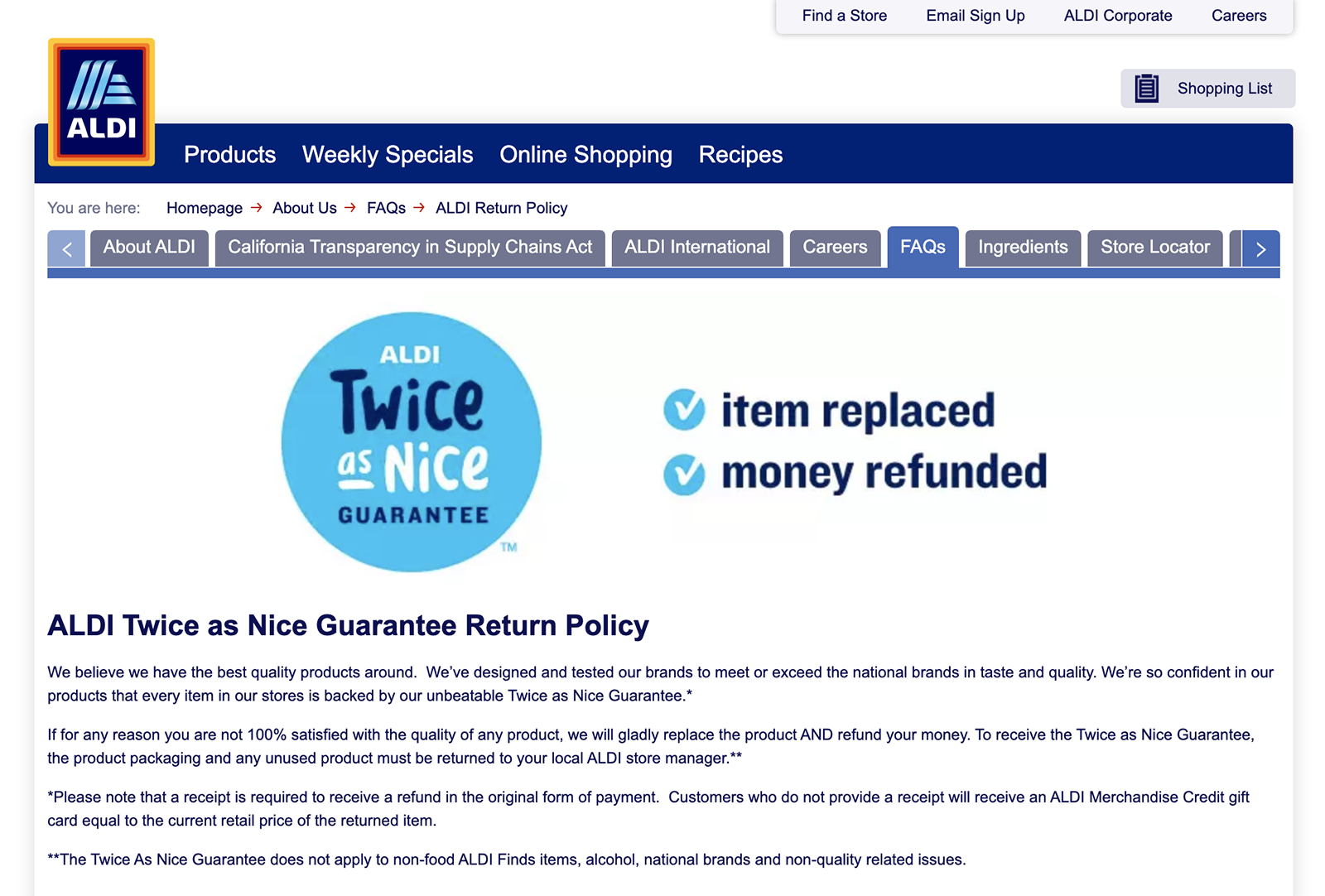 Aldi's landing page for their Twice as Nice Guarantee.
