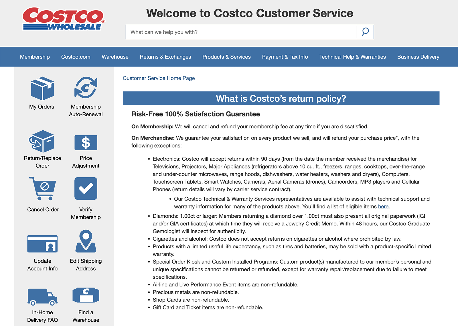Return policy informational page on Costco's website.