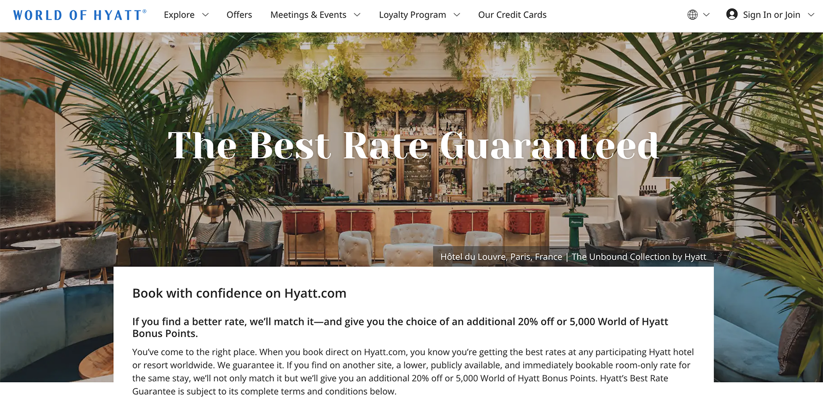 Hyatt website with a headline that reads "The Best Rate Guaranteed."