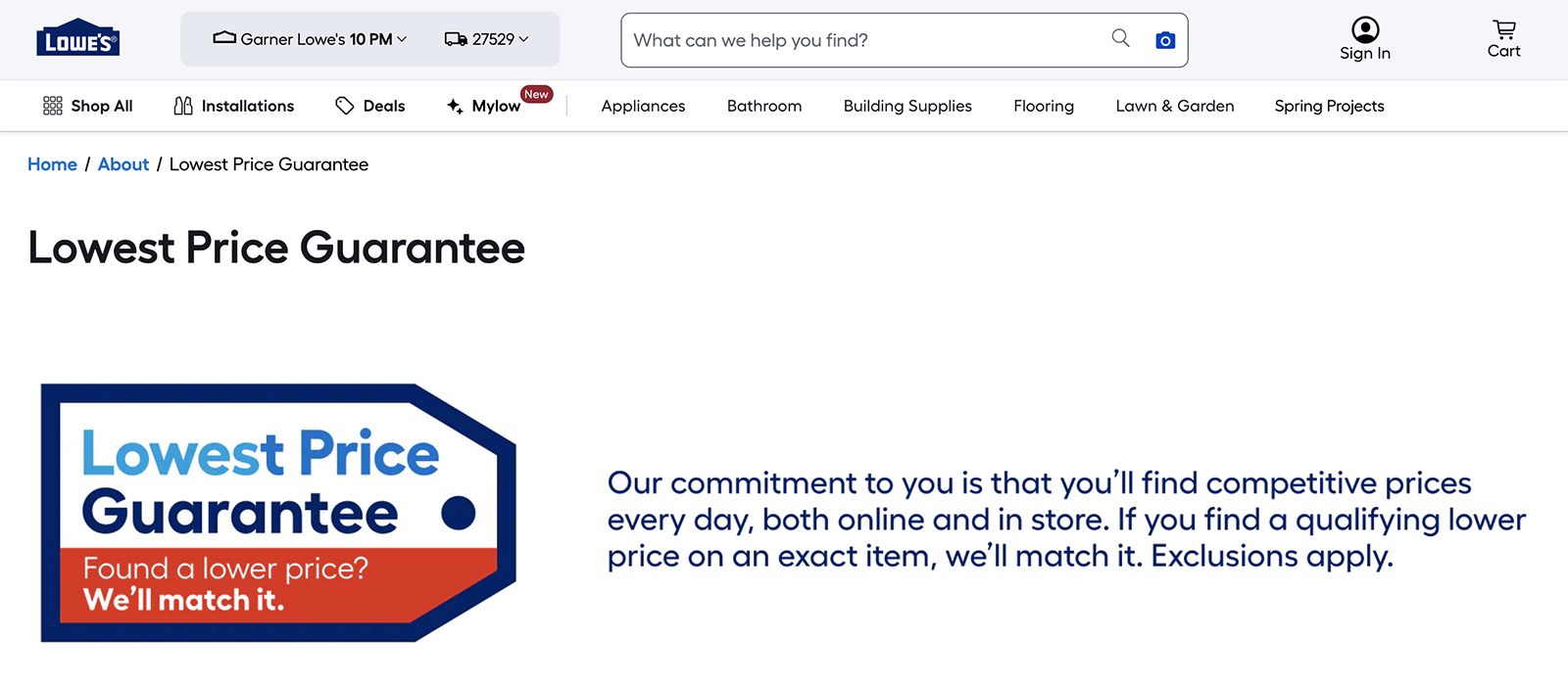 Landing page for Lowes' lowest price guarantee.