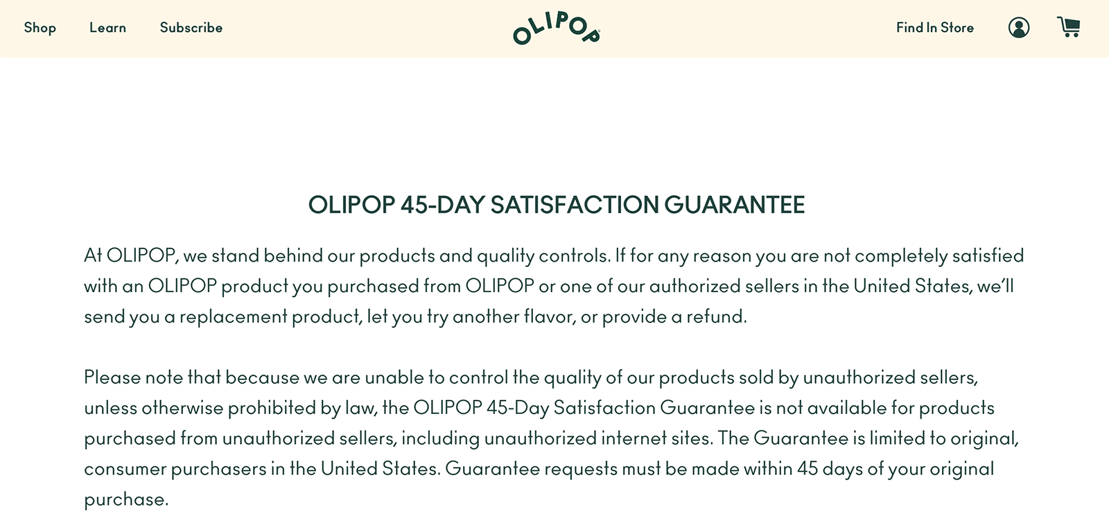 Olipop's 45-day satisfaction guarantee landing page.