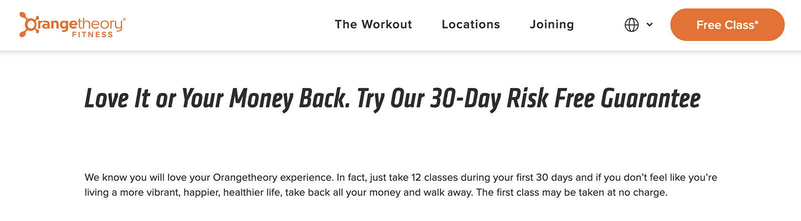 Orangetheory's 30-day risk free guarantee landing page.