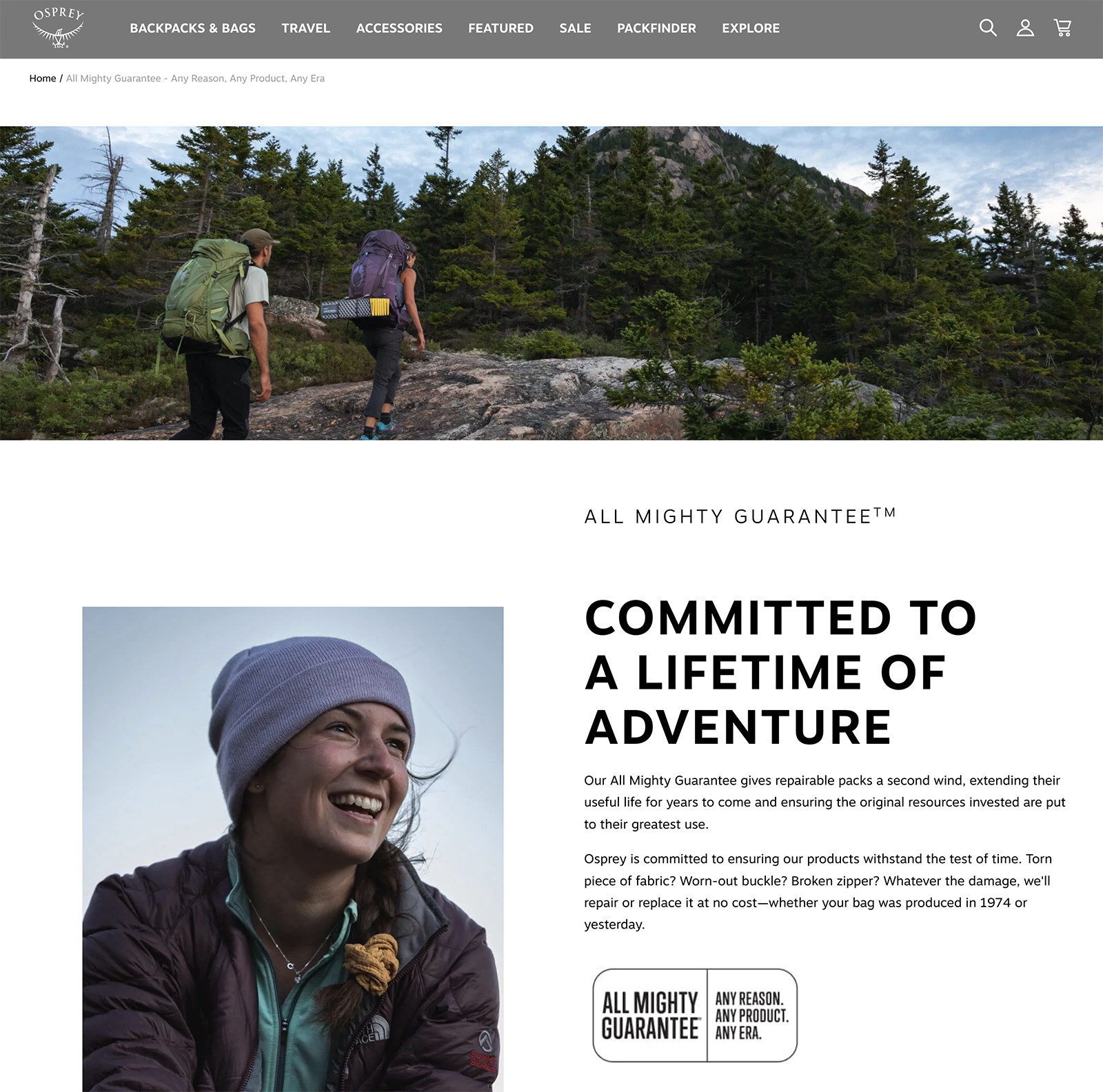Osprey's return page with a headline that reads "Committed To A Lifetime Of Adventure."