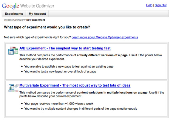 google website optimizer experimento