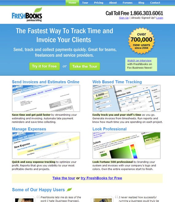 landing pages - freshbooks example