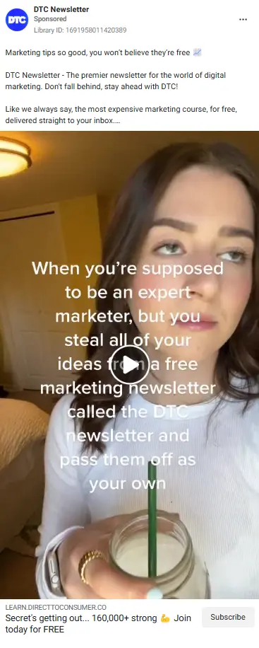 A Facebook ad for an email newsletter