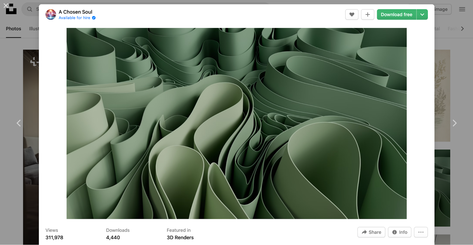 Stock photo download screen for a photo of layered green ribbon-like shapes.