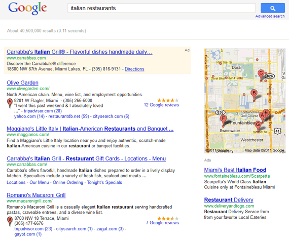 Search for italian restaurants in Florida: example of geo targeting 