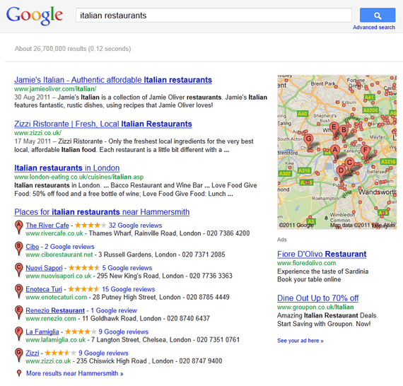  search engine result for italian dining establishment in United Kingdom geo targeting example