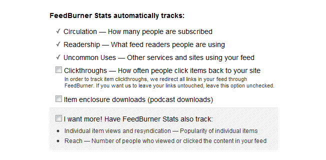 feedburner burn a feed stats setttings