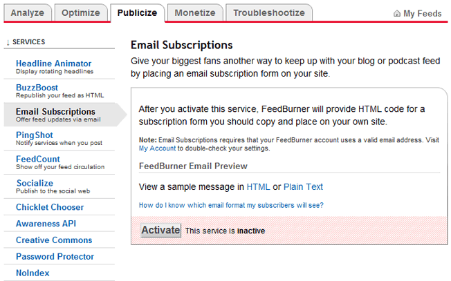 activação de assinaturas de E-mail de feedburner