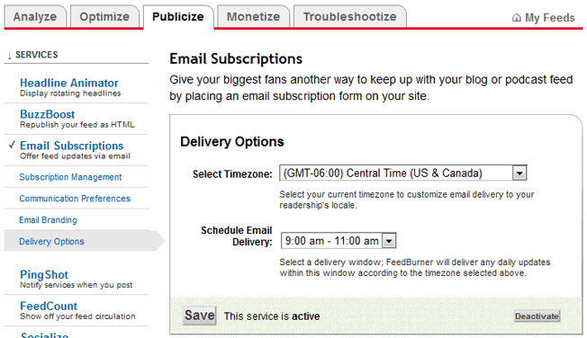 feedburner email subscriptions delivery options
