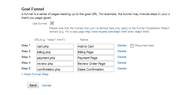 google analytics 5 goal funnel set up