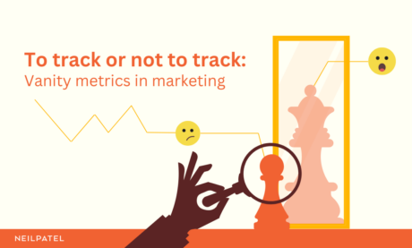 Illustration of chess pieces and a magnifying glass with text that reads "To track or not to track: Vanity metrics in marketing."