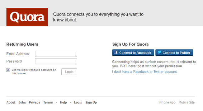quora homepage in 2012
