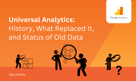 Illustration with question marks and puzzles, with text that reads "Universal Analytics: History, What Replaced It, and Status of Old Data."