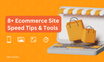 Illustration of a computer screen with shopping bags and text that reads "8+ Ecommerce Site Speed Tips & Tools."