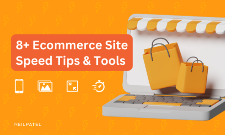 Illustration of a computer screen with shopping bags and text that reads "8+ Ecommerce Site Speed Tips & Tools."