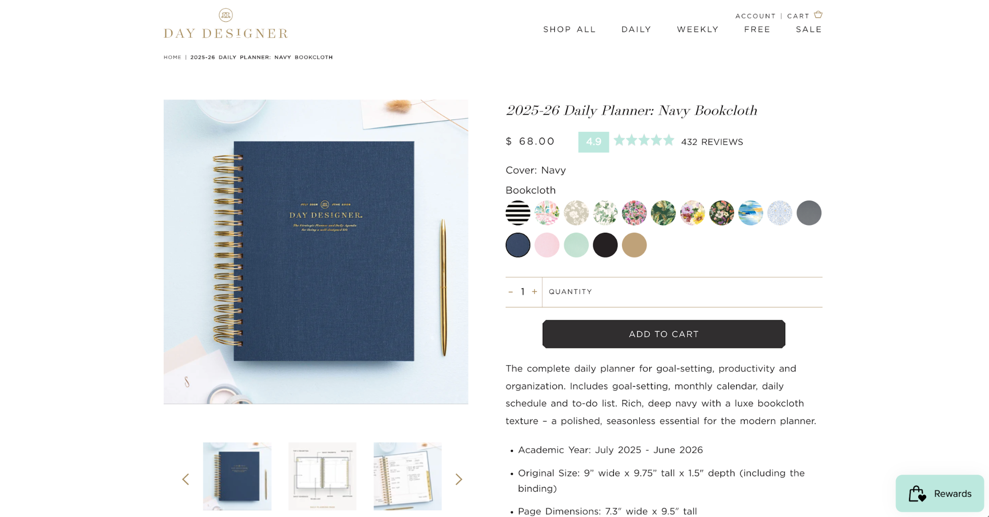 Product page for a daily planner from planner company The Day Designer.