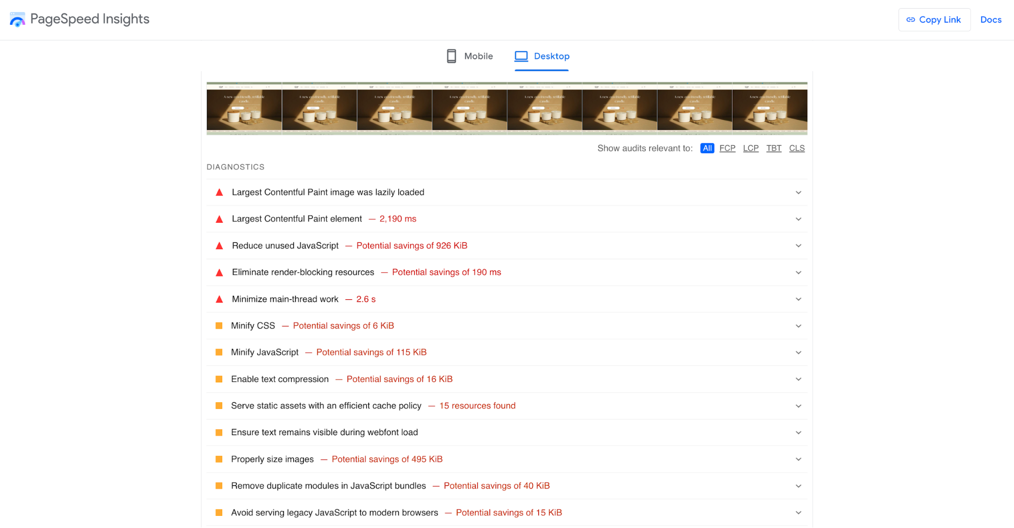 Google’s free PageSpeed Insights tool with diagnostics report for ecommerce candle company Arbor Made’s website.