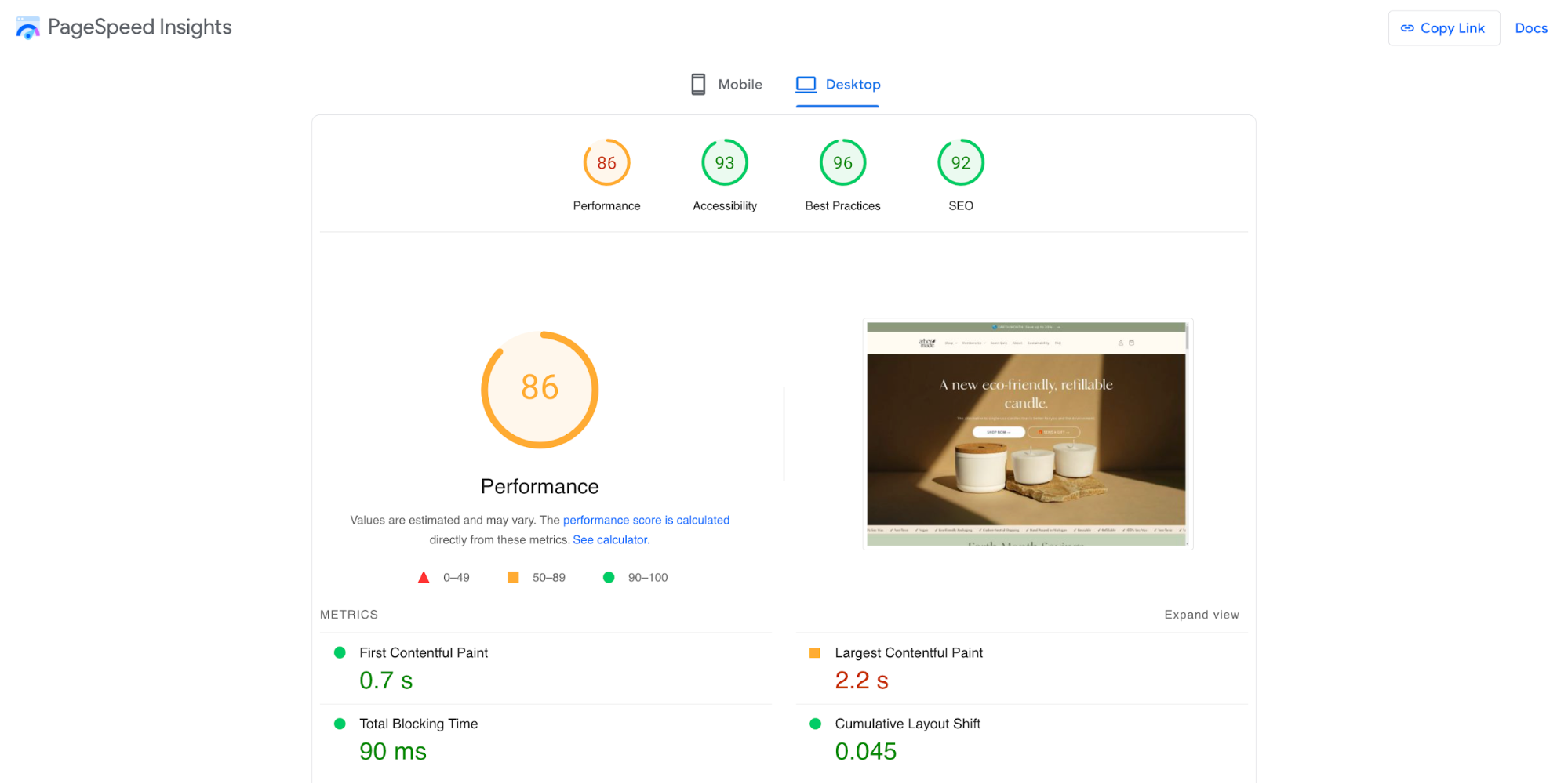 Google’s free PageSpeed Insights tool with performance report for ecommerce candle company Arbor Made’s website.