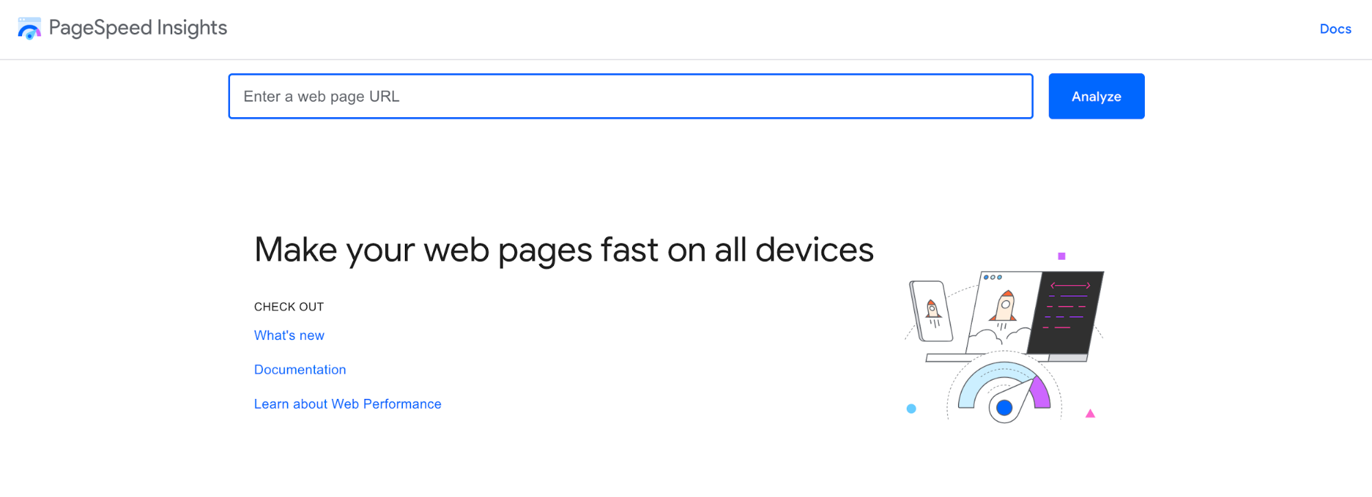 Google’s free PageSpeed Insights tool with a search bar to enter URL.