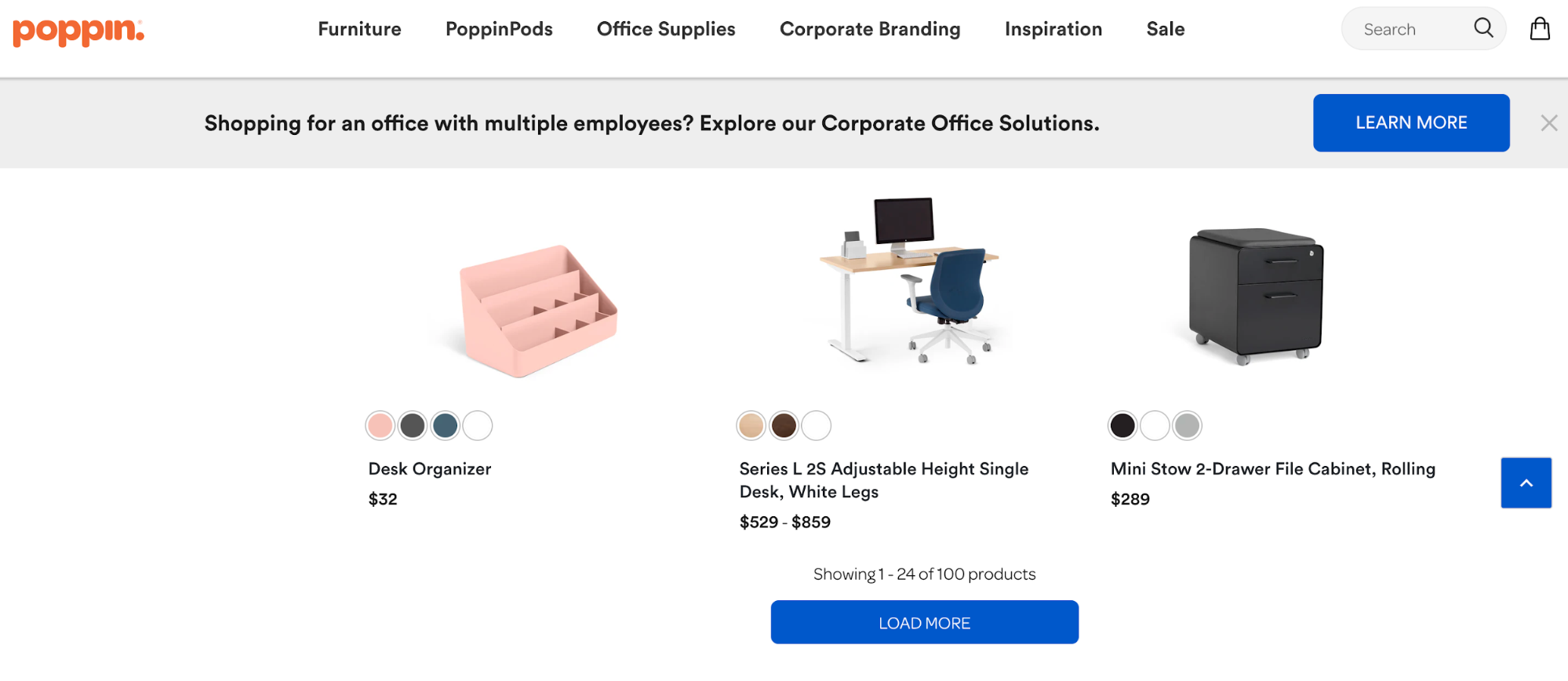Homepage of office supply store Poppin.