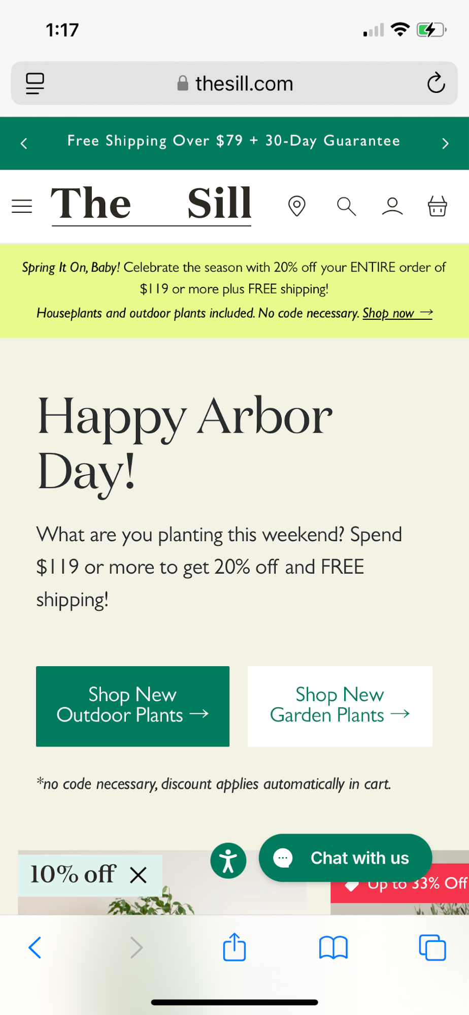 Online plant shop, The Sill’s, website homepage displayed on mobile.