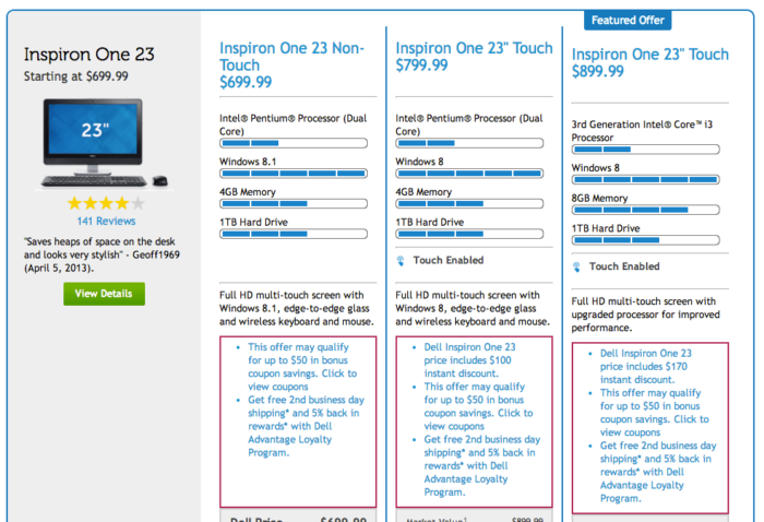 Exemple de psychologie couleur de la page de tarification 14 Dell 
