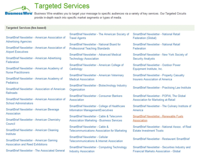 exemplo de Business wire targeted services para press releases