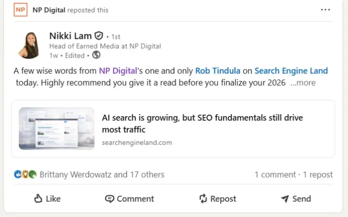 A Linkedin Post from an NP Digital employee.