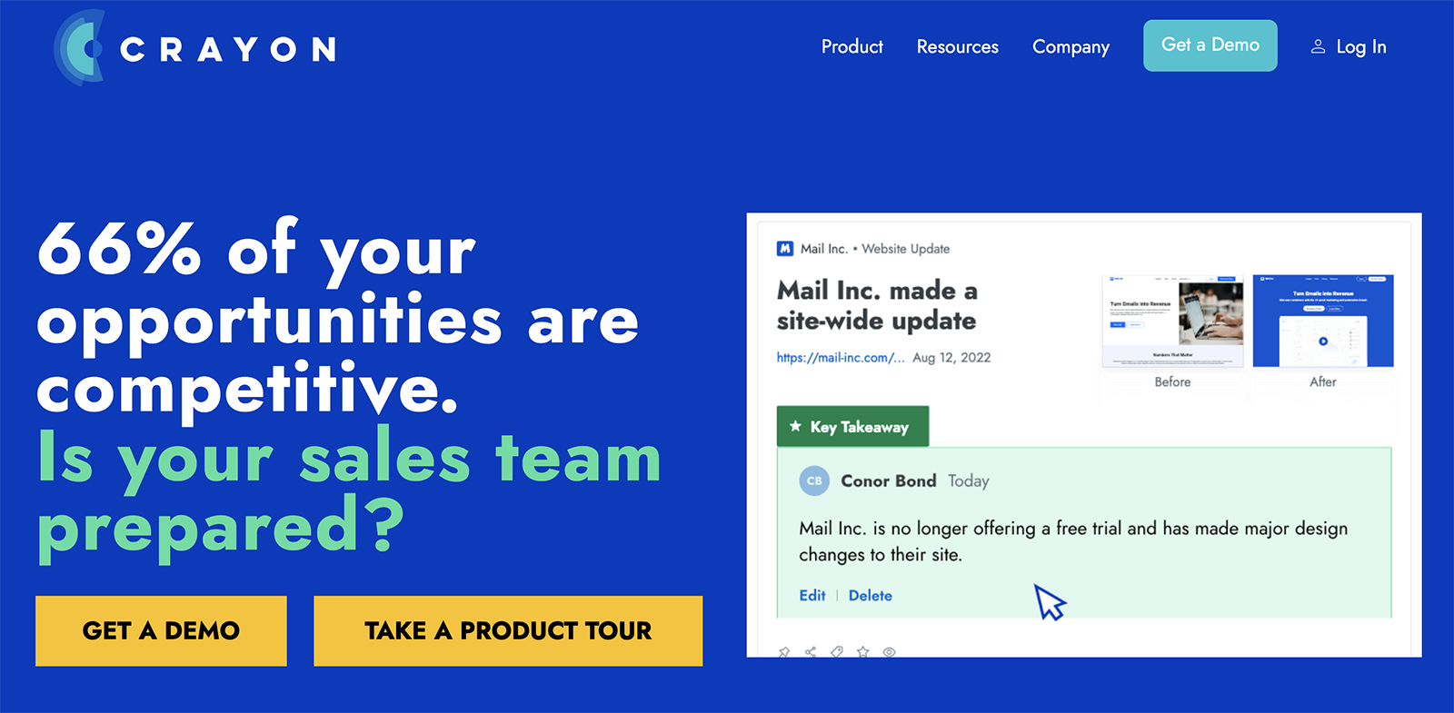 Crayon website homepage with button to get a demo or button to take a tour.