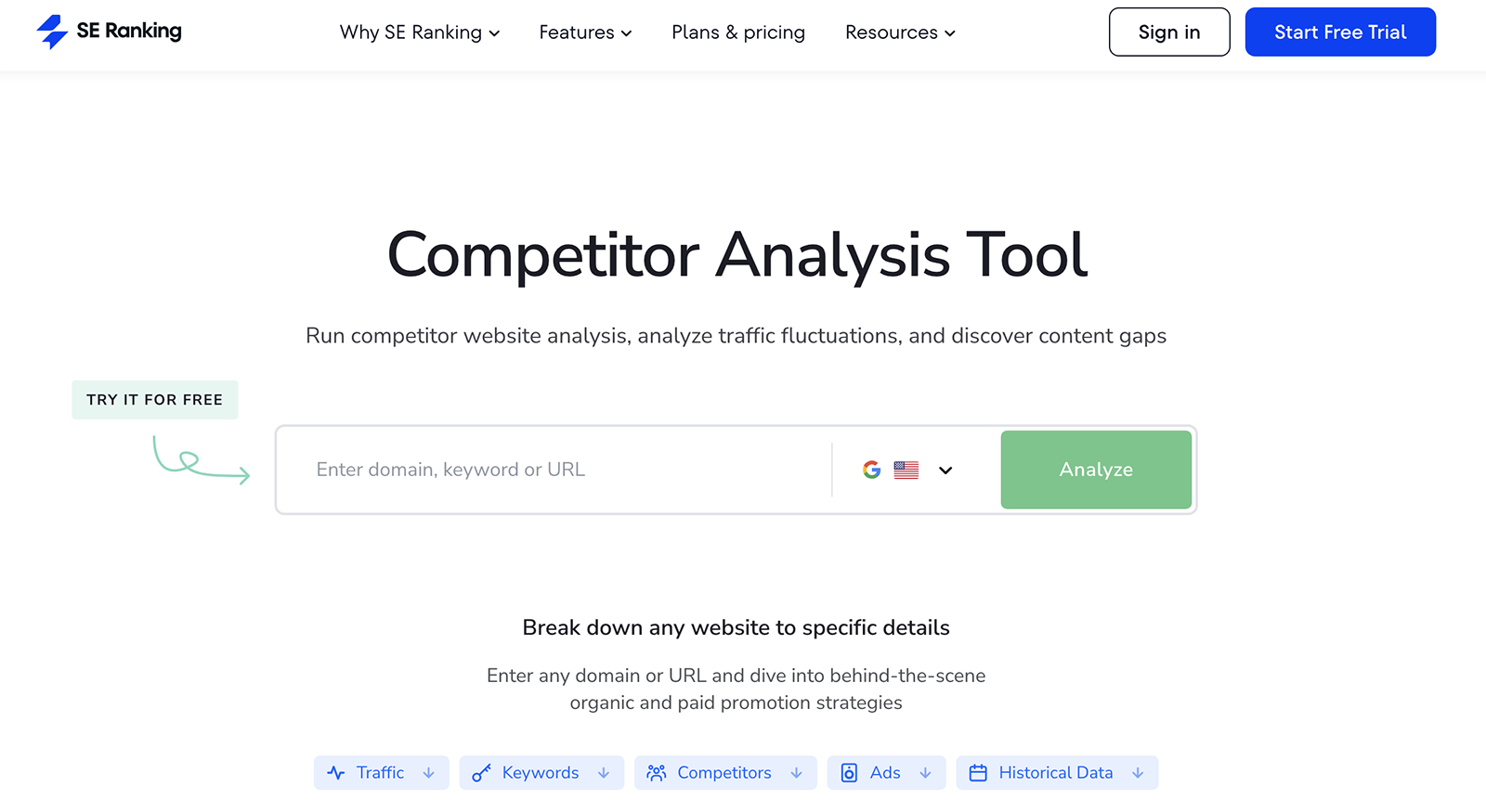SE Ranking competitor analysis tool landing page.