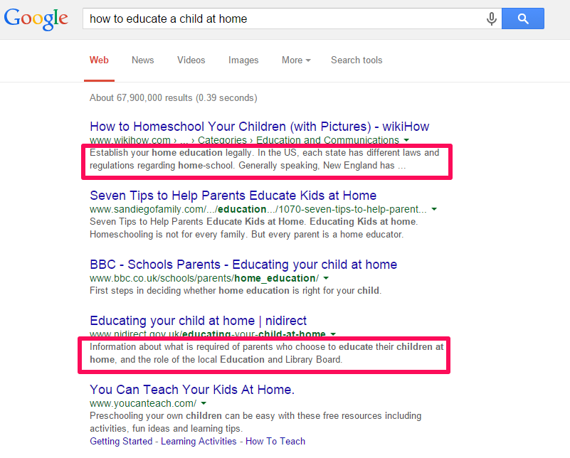 Search results in Google for "how to educate a child at home."