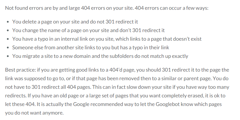 A list of reasons for 404 errors.