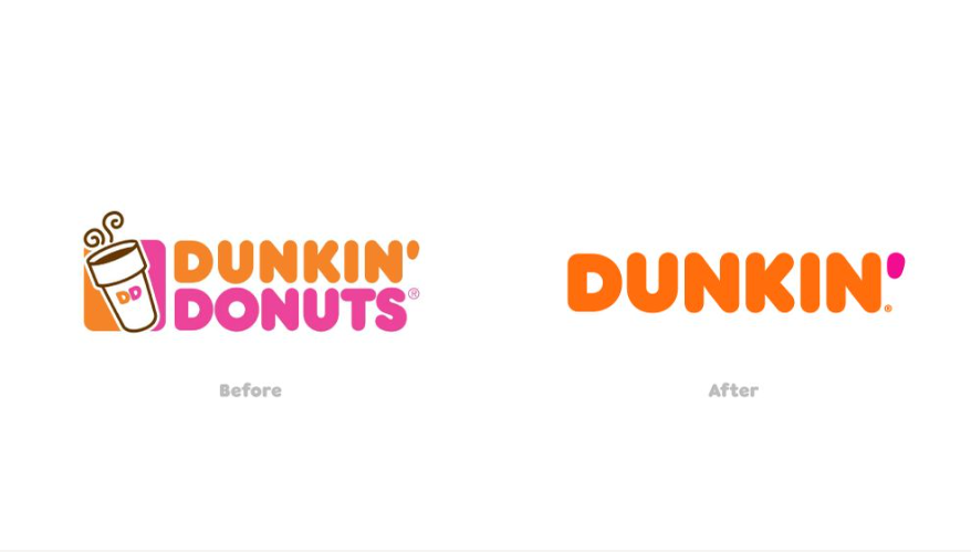 Before and after logo for Dunkin Dontus becoming just Dunkin.