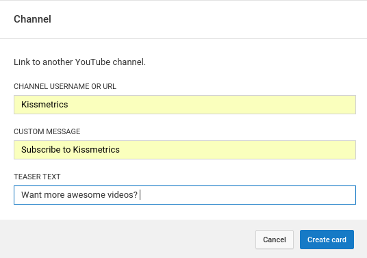 add youtube cards example to drive youtube subscribers 