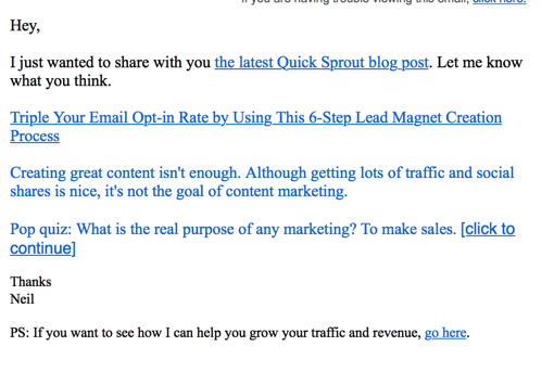 quick sprout email for affiliate marketing 