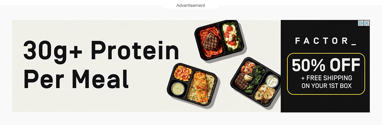 Factor banner ad highlighting protein in meals.