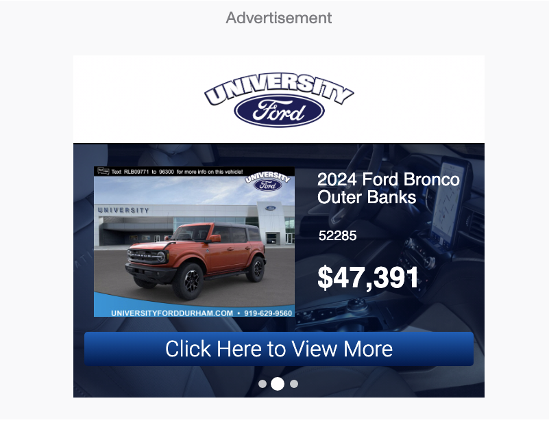 University Ford ad with a Ford Bronco and price displayed.