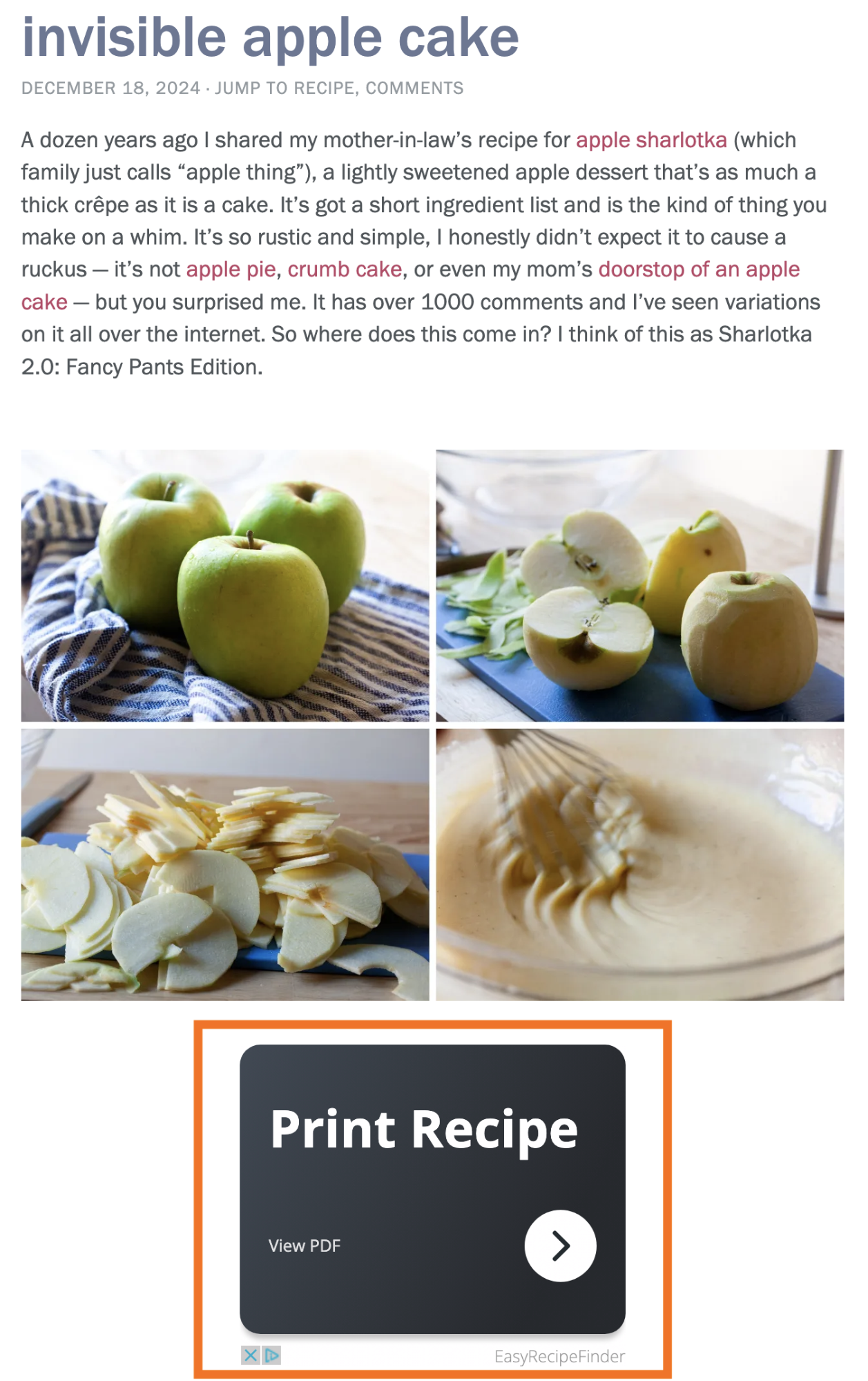 Smitten Kitchen post with an extension download ad for printing a recipe.