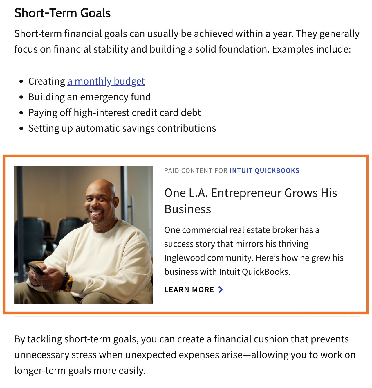 Article on using your first paycheck with a native ad at the very end of the article.