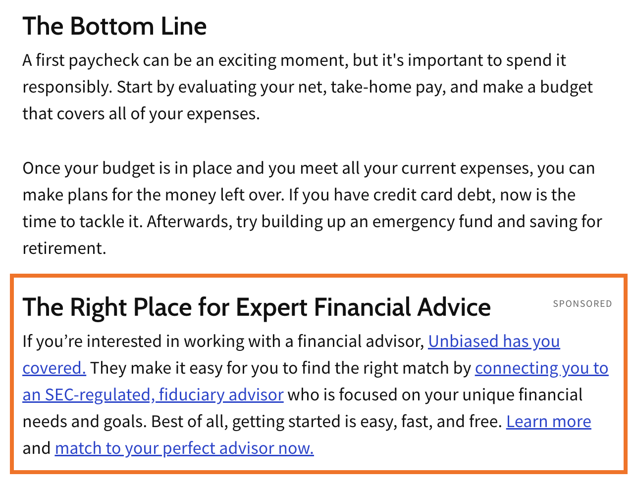 Investopedia article on setting financial goals with a relevant ad in the content.