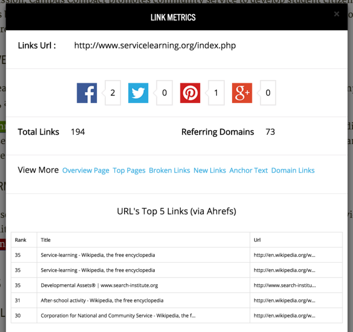 google chrome extensions link metrics screenshot