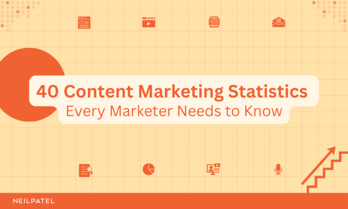 Orange illustration with a headline that reads "40 Content Marketing Statistics Every Marketer Needs to Know."