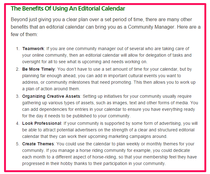 benefits editorial calendar