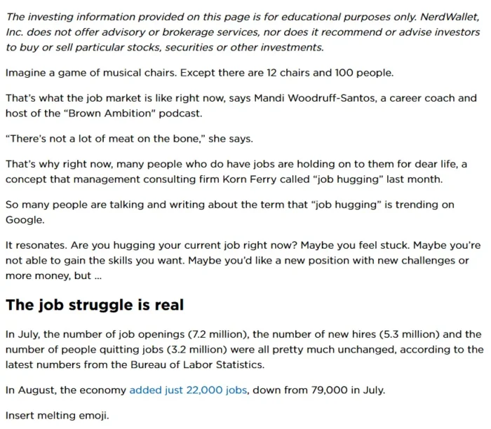 NerdWallet article discussing the job market, featuring commentary on “job hugging,” Bureau of Labor Statistics data on job openings and hires, and a section titled “The job struggle is real.”