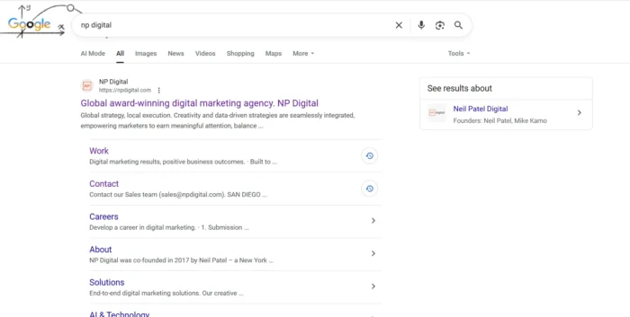Google search results page for “NP Digital,” showing the company’s official website with sitelinks on the left and a knowledge panel on the right listing founders Neil Patel and Mike Kamo.