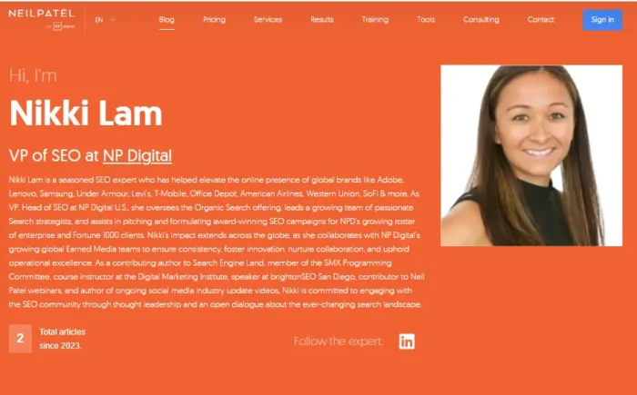 Profile page of Nikki Lam, VP of SEO at NP Digital, featuring her photo on the right and a detailed bio on the left highlighting her work with major global brands, leadership of SEO strategy, and contributions to industry publications and events.